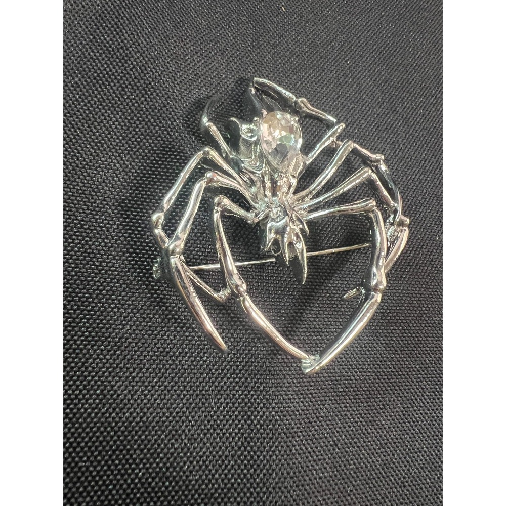 Large Silver Tone‎ Spider Brooch Clear Rhinestone Statement Halloween Gothic